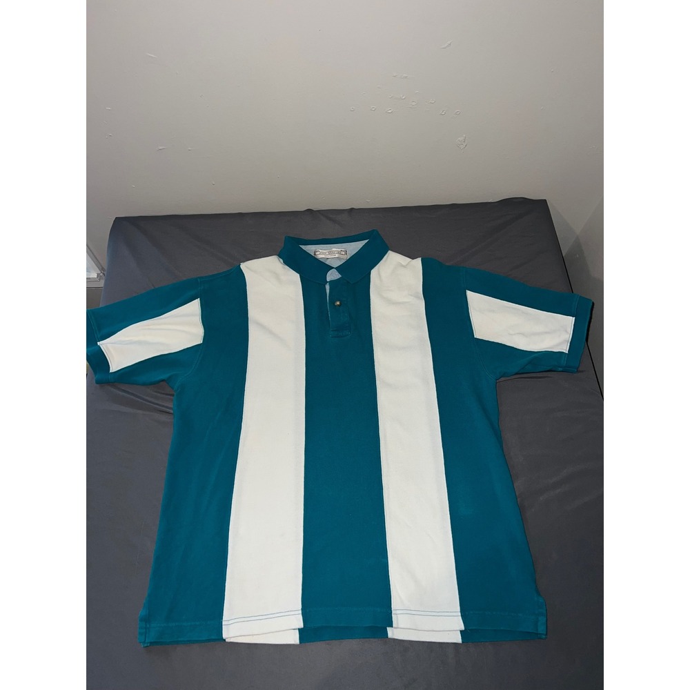 John Ashford Polo Shirt Mens Large Teal White Striped Colorblock Cotton